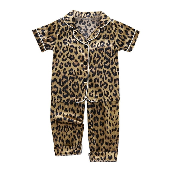 Hienoo Toddler Girls Leopard Pajama Sets Satin Short Sleeve Shirt Pants Sleepwear Homewear