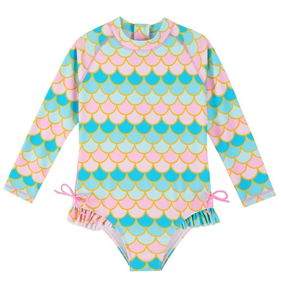 Hienoo Toddler Girls Long Sleeve Zip-Up Rash Guard One-Piece Swimsuit with Scale Print