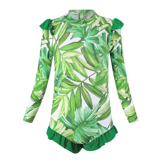 Hienoo Toddler Girls Long Sleeve Zip-Up Rash Guard Tropical Ruffle One-Piece Swimsuit