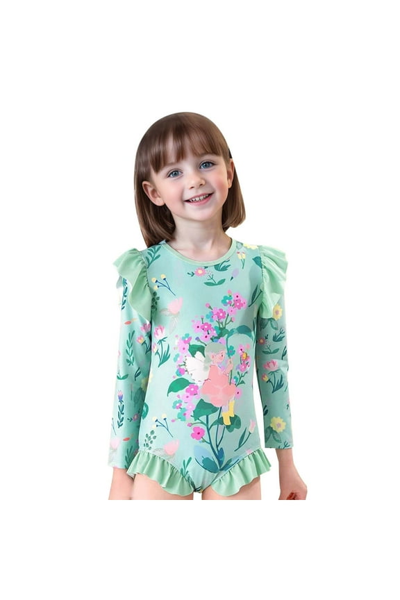 Toddler Girls One-Piece Swimsuit Flower Print Long Sleeve Rashguard Bathing Suit