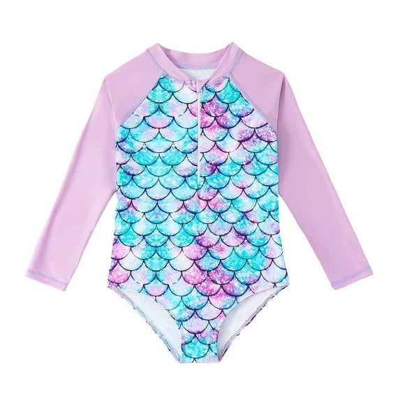 Hienoo Toddler Girls One-Piece Swimsuit Scale Print Quick Dry Long Sleeve Rashguard Swimwear