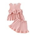 thumbnail image 1 of Hienoo Toddler Girls Outfits Bow Ribbed Sleeveless Top Ruffles Shorts Set, Sizes 6M-4T, 1 of 3
