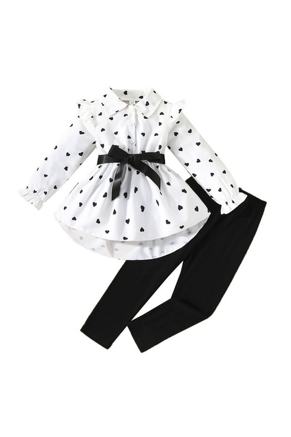 Toddler Girls Outfits Hearts Print Ruffle Long Sleeve Shirt & Pants Set, Sizes 3-4T