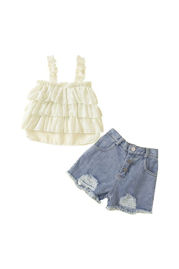 Toddler Girls Outfits Ruffle Camisole Denim Shorts Summer Clothes Set, Sizes 3-4T
