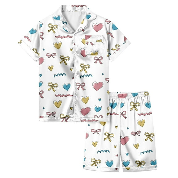 Hienoo Toddler Girls Pajamas Bow Prints Short Sleeve Shirt & Shorts Loungewear, Sizes 3-13