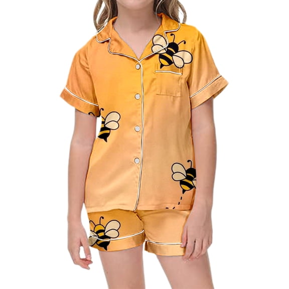 Hienoo Toddler Girls Pajamas Cartoon Bee Prints Button-Down Sleepwear Set Kids Homewear Outfits