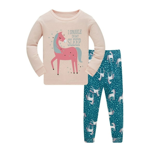 Hienoo Toddler Girls Pajamas Cartoon Print Long Sleeve Sleepwear Clothes Set Homewear Pjs