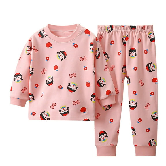 Hienoo Toddler Girls Pajamas Cartoon Print Long Sleeved T Shirt Pants Sleepwear Homewear