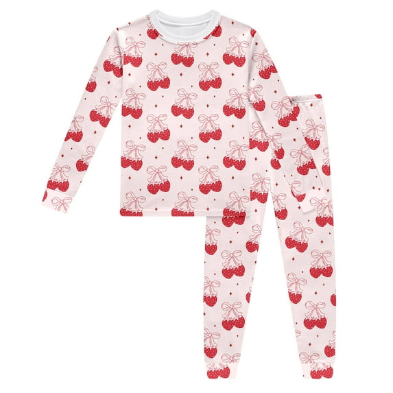 Hienoo Toddler Girls Pajamas Homewear Set Cherry Bow Long Sleeved T-Shirt Pants Loungewear
