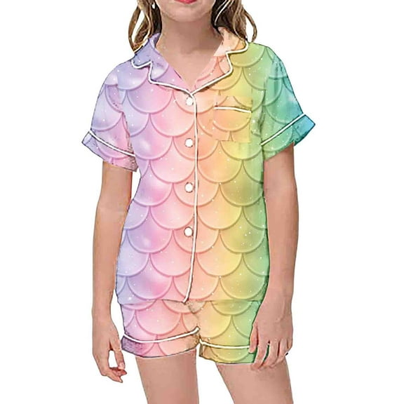 Hienoo Toddler Girls Pajamas Scale Print Short Sleeve Button-Down Shirt & Shorts Sleepwear