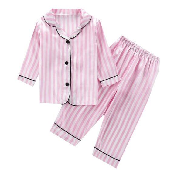 Hienoo Toddler Girls Pajamas Striped Long Sleeve Button-Down Shirt Pants Casual Sleepwear