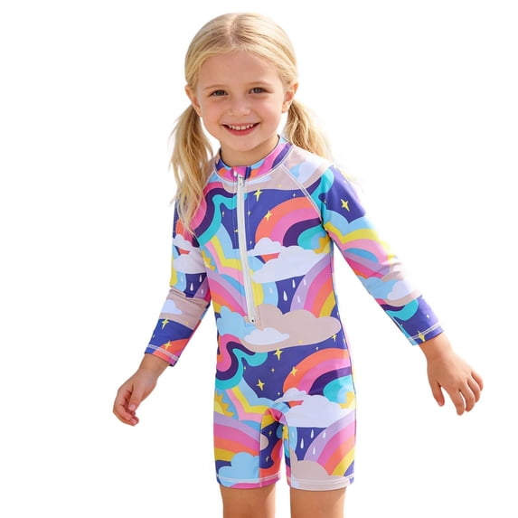 Hienoo Toddler Girls Rainbow Print Long Sleeve Rash Guard Surfing Suit One-Piece Swimsuit