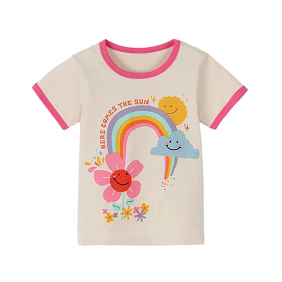 Hienoo Toddler Girls Rainbow Print Short Sleeve T-Shirt Summer Round Neck T Shirt Kids Tee
