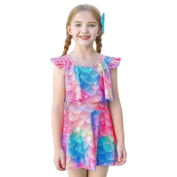 Hienoo Toddler Girls Ruffle Swim Dress Sun Protection Bathing Suit with Shorts Swimsuits