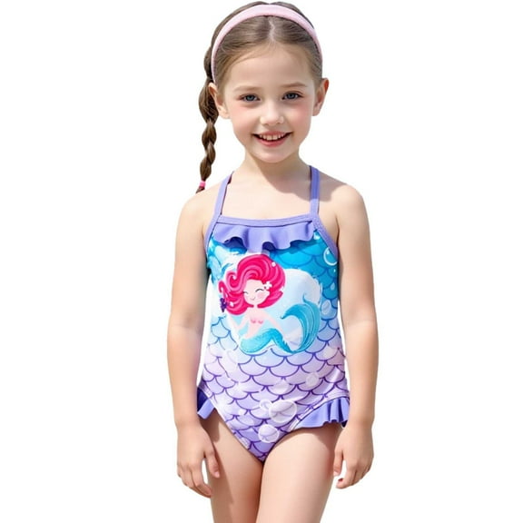 Hienoo Toddler Girls Ruffles One-Piece Swimsuit Cartoon Print Swimwear Bathing Suit, Sizes 3-8