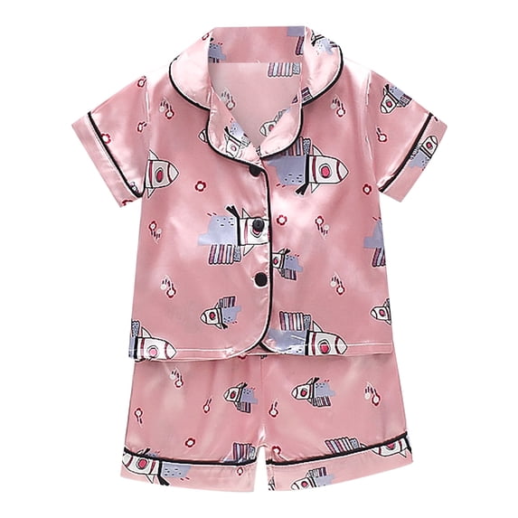 Hienoo Toddler Girls Satin Pajamas Cartoon Button Down Short Sleeve Top Shorts Sleepwear