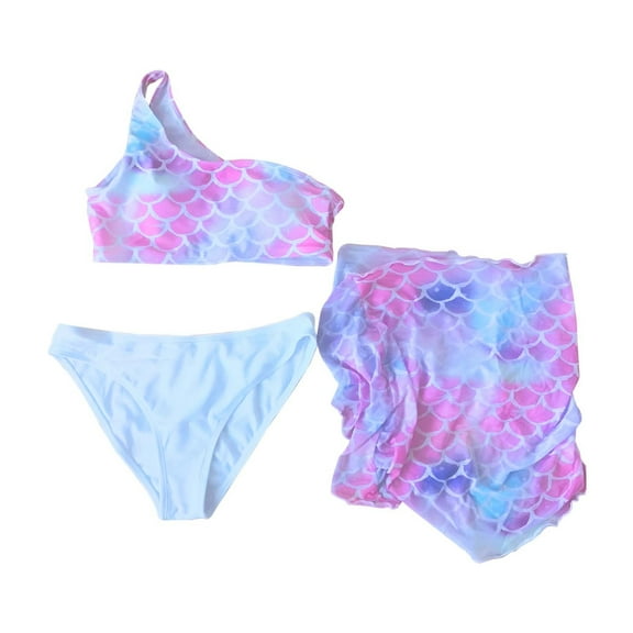 Hienoo Toddler Girls Scale Print Bikini Swimsuit One Shoulder Bathing Suit with Coverup Skirt Swimwear
