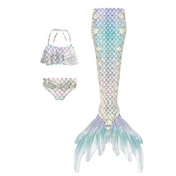 Hienoo Toddler Girls Scale Print Rullfe Bikini Set with Fish Tail Swimwear 3Pcs Bathing Suit