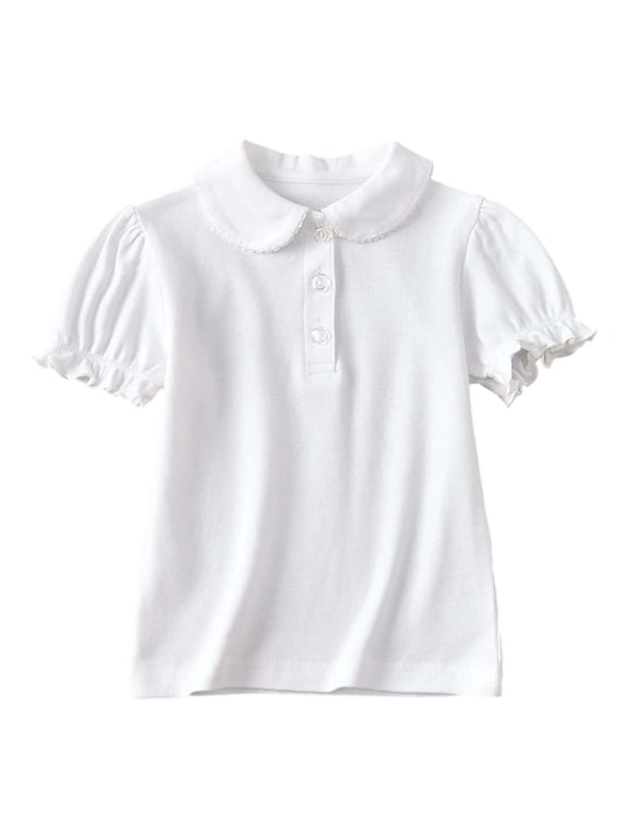 Toddler Girls School Uniform Shirt Cotton Color Short Sleeve Polo Shirt, White