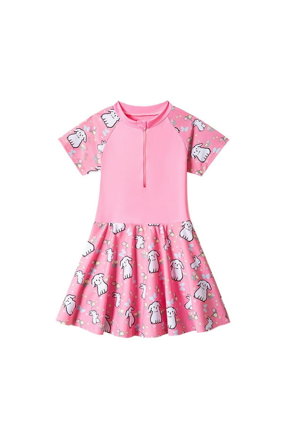 Toddler Girls Short Sleeve Swim Dress Cute Zipper Quick Dry Bathing Suit Swimwear