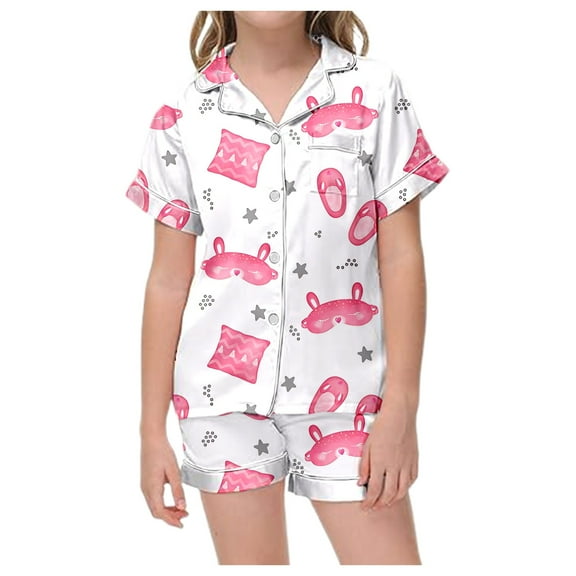 Hienoo Toddler Girls Sleepwear Pajama Sets Graphic Button-Down Shirt Shorts 2-Piece Homewear