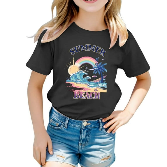 Hienoo Toddler Girls Summer Beach Tshirt Short Sleeve Comfortable Graphic T-Shirt For Kids