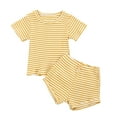 thumbnail image 1 of Hienoo Toddler Girls Summer Clothes Set Striped Ribbed Short Sleeve T Shirt Shorts Set 2-Piece Outfits, 1 of 4
