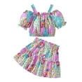 thumbnail image 1 of Hienoo Toddler Girls Summer Outfits Colorful Off Shoulder Crop Top Skirt Set, Sizes 3-4T, 1 of 8