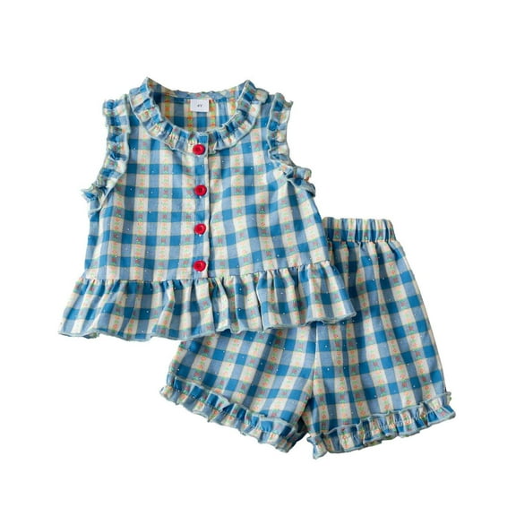 Hienoo Toddler Girls Summer Outfits Plaid Ruffles Button Tank Top with Shorts, Sizes 4-5T