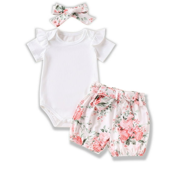 Hienoo Toddler Girls Summer Outfits Ruffle Short Sleeve Romper Bodysuit and Shorts 2Pcs Set