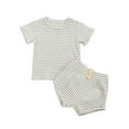 thumbnail image 1 of Hienoo Toddler Girls Summer Outfits Striped Ribbed Short Sleeve T Shirt Shorts Set for Kids, 1 of 4