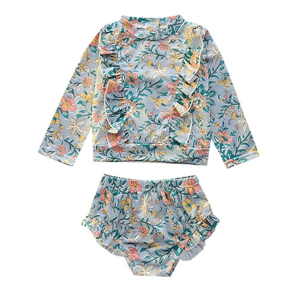 Hienoo Toddler Girls Swimsuit Floral Ruffle Long Sleeve Rashguard Swim Shorts Sun Protection Bathing Suit Swimwear
