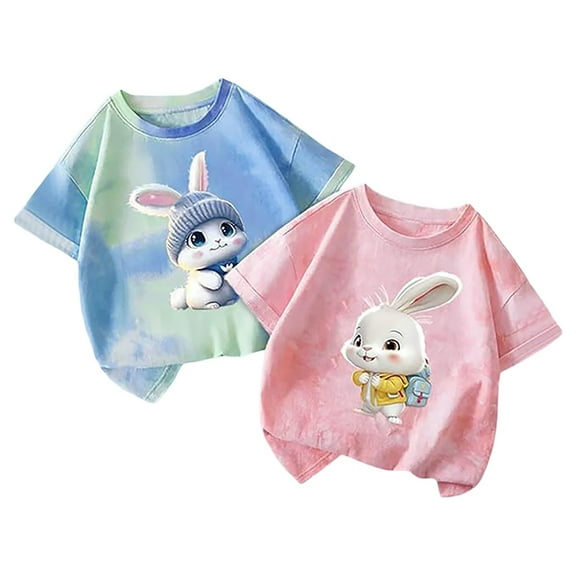 Hienoo Toddler Girls T Shirt, 2-Pack, Bunny Short Sleeve Tshirt Kids Soft Cute T-Shirt