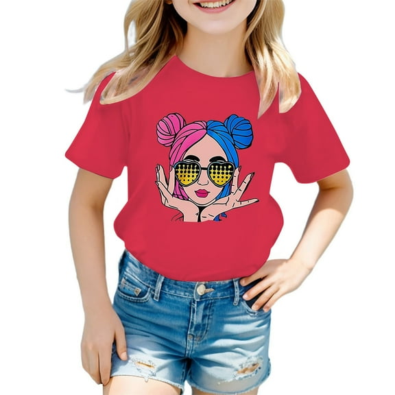 Hienoo Toddler Girls T Shirt Cartoon Graphic Short Sleeved Tshirt Loose Leisure T-Shirt