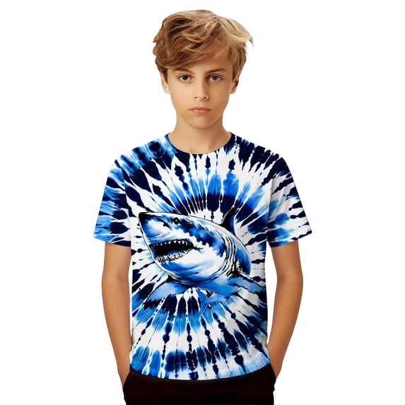 Hienoo Tshirt for Boys Tie Dyed Shark Graphic Short Sleeve T-Shirt T Shirt, Sizes 1-2