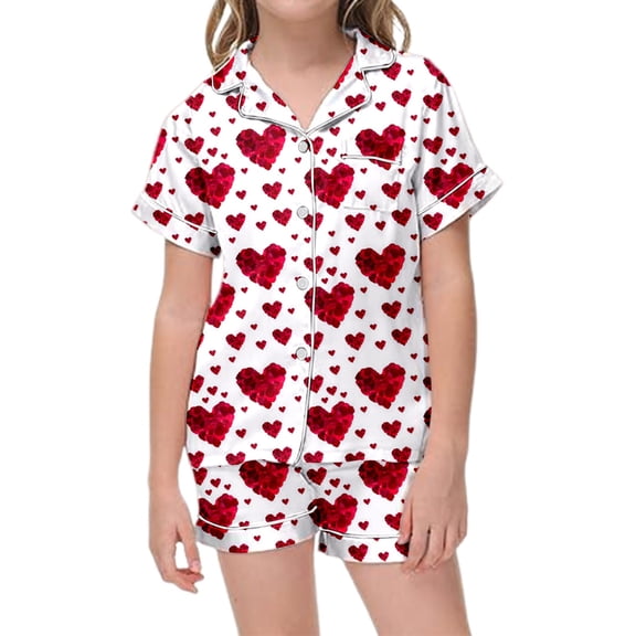 Hienoo Valentine's Day Pajamas for Girls Short Sleeve Button Top Shorts 2Pcs Lounge Set