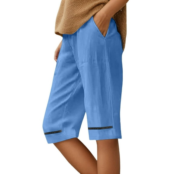 Hienoo Women Linen Knee Length Shorts Casual Loose Lightweight Bermuda Shorts, Sizes S-3XL