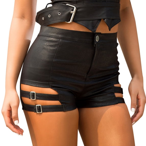 Hienoo Women Sexy Leather Black Mini Shorts Hollow Out Tight Nightclub Shorts, Sizes S-XL