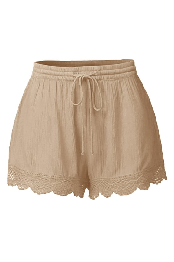 Women's Casual Lace Trim Shorts Juniors Elastic Waist Linen Shorts, Sizes S-5XL