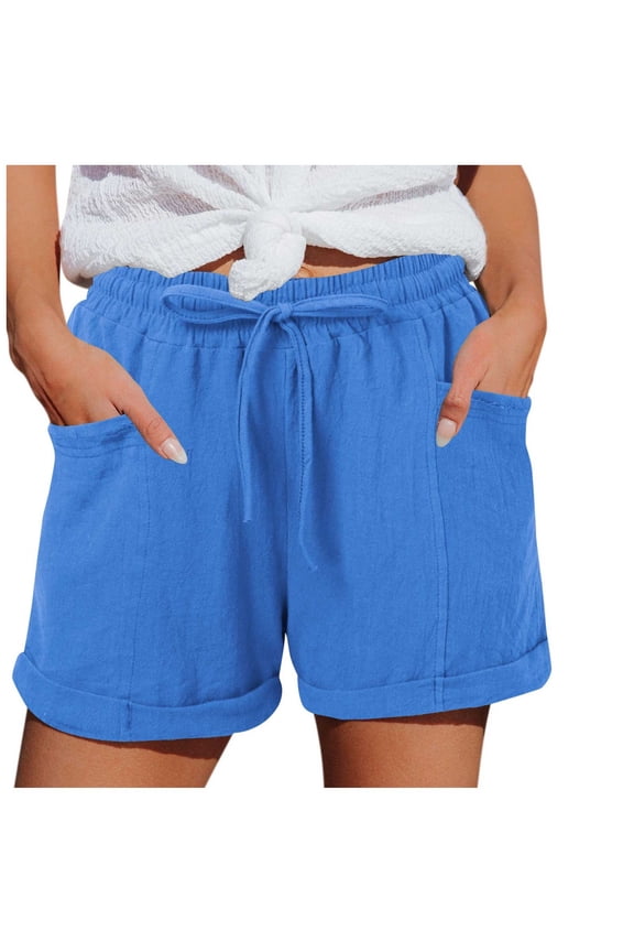 Women's Casual Rolled Shorts Elastic Waist Loose Linen Shorts, Sizes S-XXL