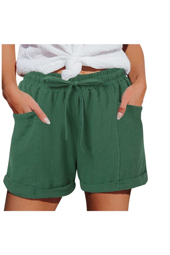 Women's Casual Rolled Shorts Elastic Waist Loose Linen Shorts, Sizes S-XXL