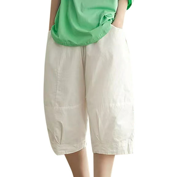 Hienoo Women's Cotton Linen Loose Capri Pants High Rise Wide-Leg Shorts, Sizes M-XXL