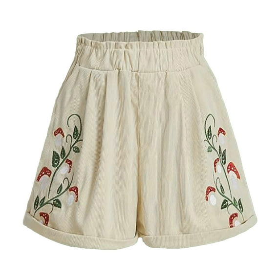 Hienoo Women's Embroidery Corduroy Shorts Elastic Waist Casual Shorts, Sizes S-XXL