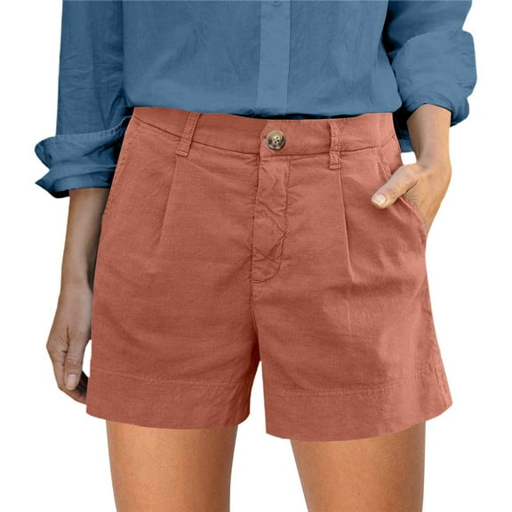 Hienoo Women's Linen Flat Front Shorts Solid Color Casual Workwear Shorts, Sizes S-XXL