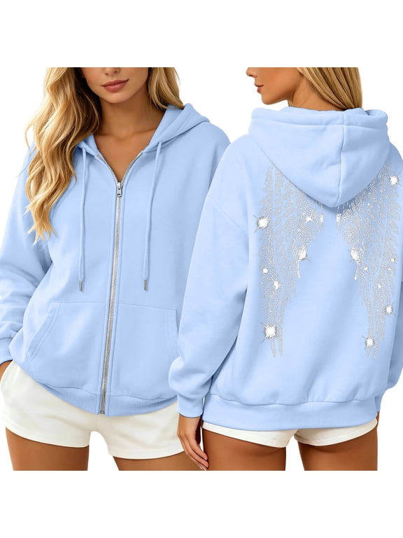Women's Zip Up Angel Wing Hoodie Glitter Rhinestone Sweatshirt Hooded Jacket