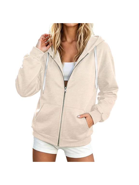 Zip Up Hoodie for Women Solid Long Sleeve Sweatshirt Casual Hooded Jacket