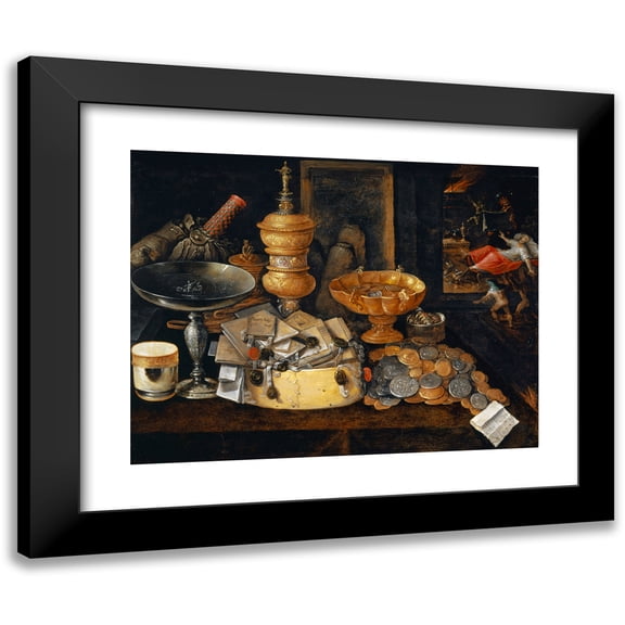 Hieronymus Francken II 14x12 Black Modern Framed Museum Art Print Titled - Riches and the Death of the Miser, Still Life (Around 1600)