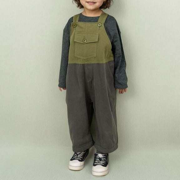 Hifoo Autumn Children Retro Jumpsuit Boys Girls Color Blocked Loose Suspenders Daily Birthday Trousers Kids Slacks