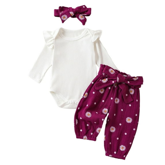 Hifoo Baby Girls Knitting Ruffles O-Neck Bodysuit Jumpsuit Long Pants Headband Long Sleeve Romper Girls Onesie Sets Cute Child Solid Color One-Pieces