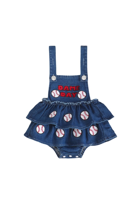 Baseball Denim Long Sleeve Jumpsuit Girls With Flounce Hem Cute And Playful Toddler Romper Onesie Baby Casual Wear Lovely Child One-Pieces